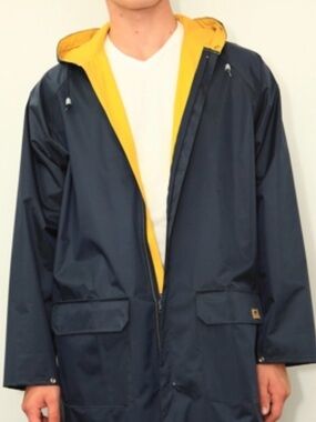 Men’s reversible Rain Parka ¾ Length Raincoat Navy Blue Yellow NWT Size Medium